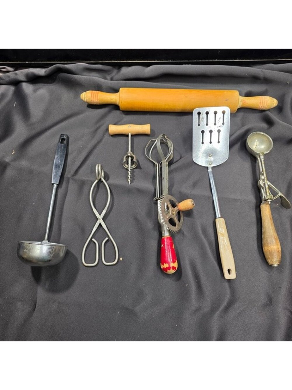Lot of 7 Vintage Kitchen Tools - EKCO, Gilchrist Scoop, Egg Beater, Rolling Pin
